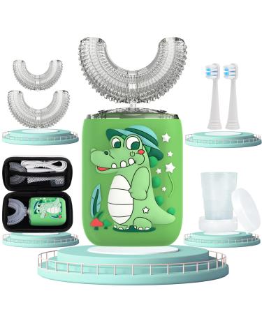 TSUNDERE L Kids Electric Toothbrushes U Shaped Toothbrush Kids w/ 4 Brush Heads Cup & Storage Case 6 Clean Modes 60s Smart Reminder IPX7 Waterproof Ultrasonic Toddler Toothbrush Age 2-7(Green)
