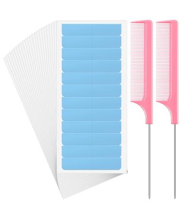288 Pcs 24 Sheets Tape in Hair Extensions Hair Tape Tabs Double Sided and 2 Pieces Rat Tail Parting Combs Adhesive Extension Replacement Tape in Remover Pintail Comb for Women Girls(Blue, Pink)
