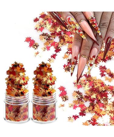 Nail Art Holographic Glitter Fall Maple Leaf Shaped Flakes 2 Pot,Red Yellow Orange Glitter Sequins 3D Mixed Metallic Maple Glitter Nail Art Design Spangles for Acrylic Nail Kit Manicure Decorations