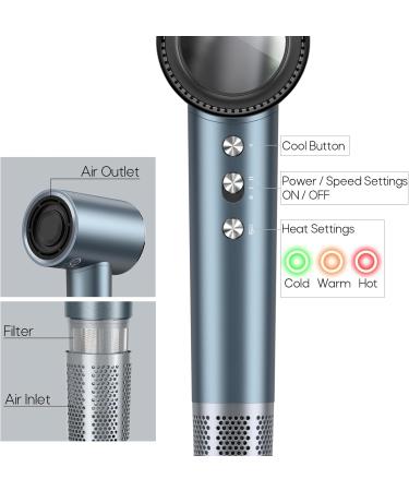 High-Speed Hair Dryer - 110000RPM Brushless Motor 200 Million Negative Ions Compact Thermo-Control for Salon & Travel - Blue - Buy Online on GoSupps.com