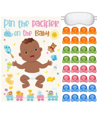 Pin the Pacifier on Baby Game African American Baby Shower Games with 36 Pcs Baby Pacifier Sticker and Blindfold Birthday Boy Pin for Baby Shower Birthday Party Supplies Game Activities