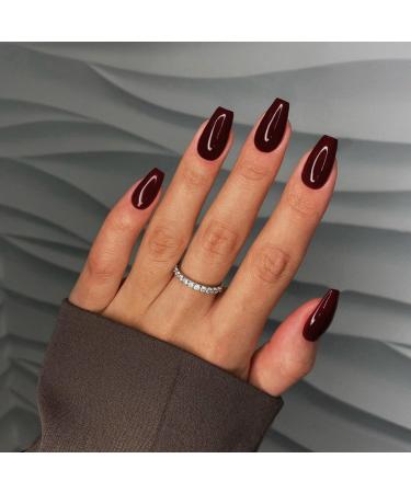 Dark Red Press on Nails Medium Short Square Xcreando Spring Summer Fake Nails Medium Glue on Nails Trapezoid Shaped Short Ballerina Coffin Nails Press ons False Nails Acrylic Nails Set in 24 PCS coffin glossy dark red
