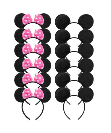 CHuangQi Mouse Ears Solid Black and Pink Bow Headband for Boys & Girls Birthday Party Pack of 12
