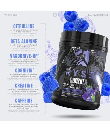 RYSE Noel Deyzel x Godzilla Pre Workout | Intense Pumps Energy & Focus | Citrulline & Beta Alanine | 400mg Total Caffeine | 40 Servings (Blue Raspberry) - Buy Online on GoSupps.com