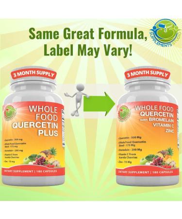 Quercetin 500mg with Bromelain, Zinc, Vitamin C - Immune Support Supplement with Organic Wholefoods Blend - 3 Month Supply 180ct - Buy Online on GoSupps.com