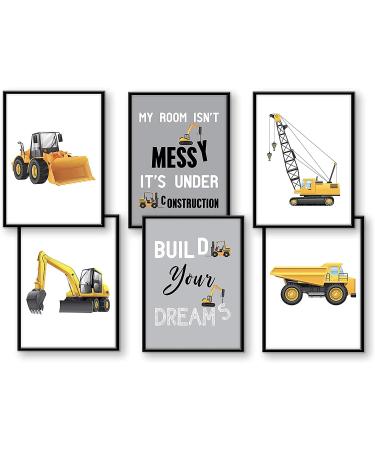 WIETRE Set of 6 Pictures Construction Vehicles Digger Crane Children's Room Decoration Picture Boy Baby Room Poster DIN A4 Truck Construction Site Stacker Roller Car Vehicles Decoration (with Black