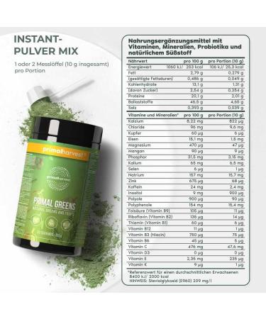 Primal Harvest Primal Greens powder for athletes with organic barley grass vitamins minerals bacterial strains for smoothies 300 g original - Buy Online on GoSupps.com