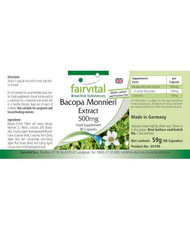 Fairvital Bacopa Monnieri Extract 500mg Brahmi Capsules - Vegan Formula Without Magnesium Stearate | 90 Capsules - Buy Online on GoSupps.com