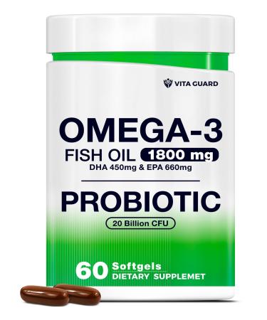 Omega-3 Fish Oil with Probiotics 1800mg Fish Oil 660mg EPA 450mg DHA Heart Brain & Gut Support 20 Billion CFU Lemon-Flavored Burpless Softgels Non-GMO Gluten-Free
