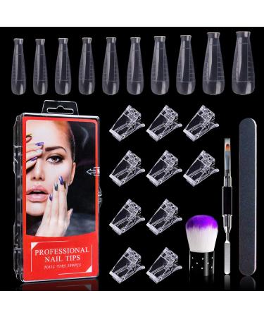 Kalolary Dual Nail Forms Set 100PCS Dual Nail T-Shape Forms with 10pcs Nail Tip Clip Nail Art Dust Remover Brush Nail File and 1PCS Dual-Ended Poly gel Brush Professional Nail Manicure Kit