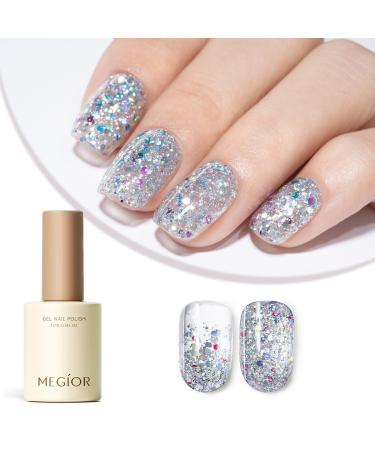 MEGIOR Silver Glitter Gel Nail Polish 15ml Sparkling Sequins Gel Polish High Gloss Soak Off UV LED Nail Gel Polish for Nail Art Manicure Salon DIY Home Gift for Girls Confetti