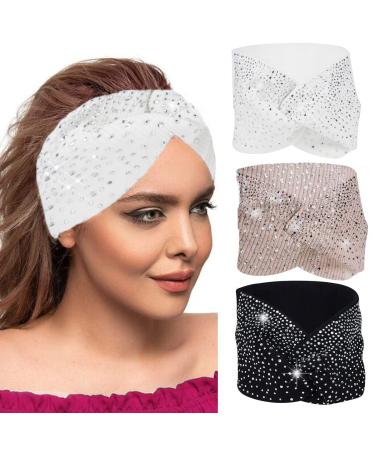 CAKURE Crystal Wide Headbands Rhinestone Head Bands Bling Turban African Head Wraps Elastic Twist Head Scarf Sport Hair Bands for Women and Girls Pack of 3 (Type A)