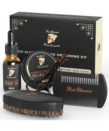 Red-Blooded Beard Grooming Kit for Men Complete Set with Beard Oil Beard Balm Beard Brush Beard Comb & Beard Scissors. Cologne Scented made with Jojoba Oil and Macadamia Oil Mens Beard Grooming Kit