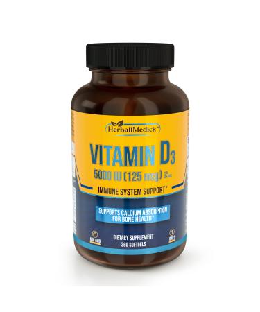 HerballMedick  D3 Vitamin 5000 IU Easy to Swallow Vitamin d Supplements Vitamin D3 Liquid softgel Capsules for Immunity Vitamins Mood Support Bone Health Energy Supplements - 360 ct Value Size