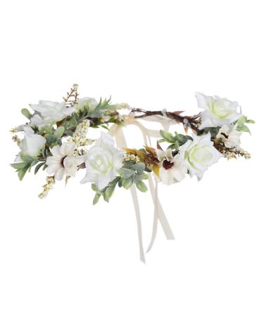 Leaf Flower Crown Garland Headpiece - Handmade Hair Garland Floral Wreath Adjusatble Flower Headbands for Bridal Wedding Festival Party Flower Leaves Crown (Cream white)