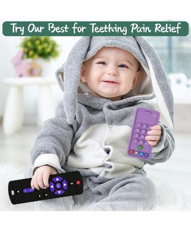 2 Pack TV Remote & Mobile Phone Teething Toys for Babies 6-24 Months - BPA Free Silicone Chew Toy Set for Boys & Girls - Soothe Gums & Provide Relief - Black+Purple - Buy Online on GoSupps.com