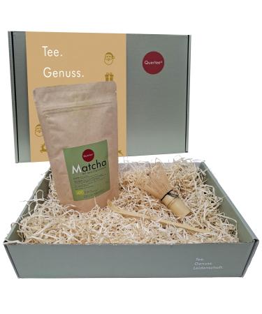 Quertee Matcha Gift Set - Organic Matcha Powder 100g from Japan with Broom (Chasen) and Bamboo Spoon (Chashaku) in Gift Box - Matcha Gift from Quertee