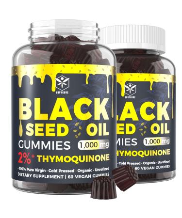 Black Seed Oil Gummies - 2%+ THYMOQUINONE - 1,000 mg - Cold Pressed Organic Black Cumin Seed Nigella Sativa Oil - High Potency Antioxidant, Skin, Hair, Immune Support, No Aftertaste - 2Pc/120Ct