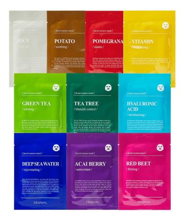 DERMAL Hydrating Facial Mask Pack of 10 Moisturizing Korean Essence Sheet Masks 0.85 fl. oz. (25g) for Skin Care Clearing Cleanse Complexion for All Skin Types Colored