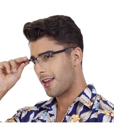 4 Pack Men's Reading Glasses - Blue Light Blocking Anti-UV Metal Frame - 1.5x Magnification Includes Pouches - Stylish Blue Red Brown Grey Options - Buy Online on GoSupps.com