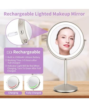LOMRECS 8 Inch Rechargeable Lighted Makeup Mirror with 1X/10X Magnification and Dimmable LED Lights - Double Sided Vanity Mirror with 3 Color Modes - Buy Online on GoSupps.com