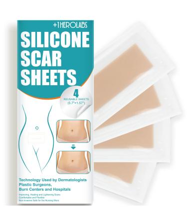 Scar Away Silicone Scar Sheets Extra Strength C-Section Silicone Scar Patches Reusable Medical Grade Silicone Scar Treatment - Healing Keloid Surgery Injury Burns 4 Pack - 5.7x1.57