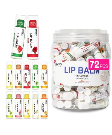 DMSKY 72-Pack Vitamin E Lip Balm Bulk with Coconut Oil 12 Flavors -100% Natural Ingredients - Lip Moisturizer Treatment - Party Favors Bulk Lip Balm pack of 72