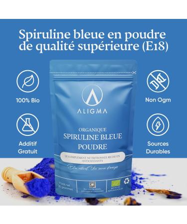 Aligma Organic Blue Spirulina Powder 75 Gram | 100% Natural Phycocyanin for Smoothies Vibrant Blue Food Colouring & Ingredient Rich in Protien | Resealable Package - Buy Online on GoSupps.com