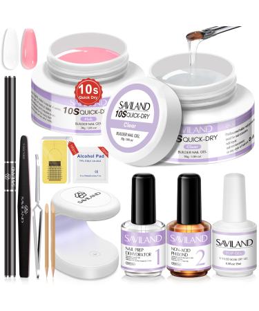 SAVILAND Quick-dry Builder Nail Gel Kit - Clear Pink Builder Hard Gel with Mini UV Light Top Gel Nail Dehydrator Non-acid PH Bond Primer and Nail Extension Application Tools for beginners