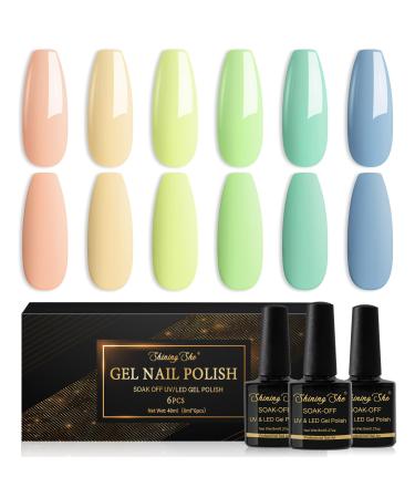 Shining She Gel Nail Polish Set 6 Colours Cyan Green Blue Coral Pastel Nail Polish Set Soak-Off UV/LED Manicure Gift for Women Nail Art Salon DIY Home 8ML