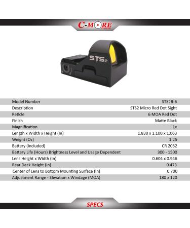 STS2B Micro Red Dot Sight by C-MORE Systems - 1x Magnification, Aircraft Grade Aluminum, Adjustable for Wind & Elevation, Ultra Bright, Waterproof, Lightweight - Matte Black (6 MOA) - Buy Online on GoSupps.com