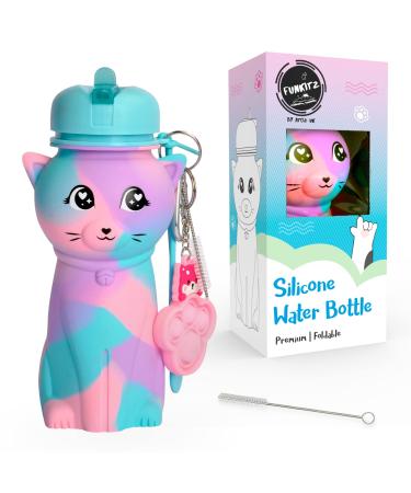 FunKitZ by AToZ UK Kids Water Bottle for Girls - BPA FREE Roll-up Soft Silicone Drop Resistant - Rainbow Water Bottle - Cat Shaped - Back to School Gifts for Girls - 500ml