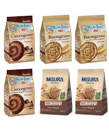 Mulino Bianco Set of 2 Mulino Bianco Cioccograno Cookies with Chocolate 350 g + 2 Misura Fibraextra Integrali 330 g + 2 Mulino Bianco Cookies 100% Solid Grain 350 g