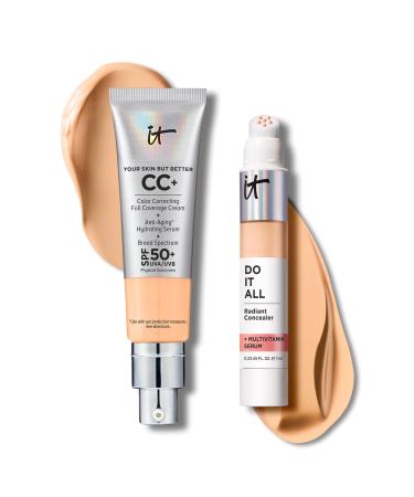 IT Cosmetics CC+ Cream with SPF 50+ Natural Finish Full Coverage Foundation (Light Neutral - 1.08 fl oz) & Do It All Radiant Concealer Multivitamin Serum Makeup (210 Light Neutral - 0.2 fl oz)