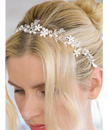 Mariell Crystal Bridal Wedding Halo Headband Silver Flowers Ivory Pearls Ivory Satin Ribbon - Buy Online on GoSupps.com
