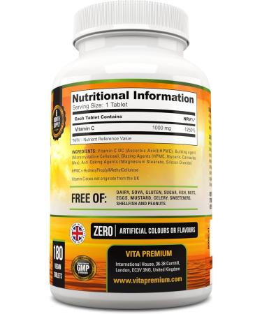 High Strength Vitamin C 1000mg per Tablet - 180 Vegan Tablets, Made in UK | 6 Month Supply - Buy Online on GoSupps.com