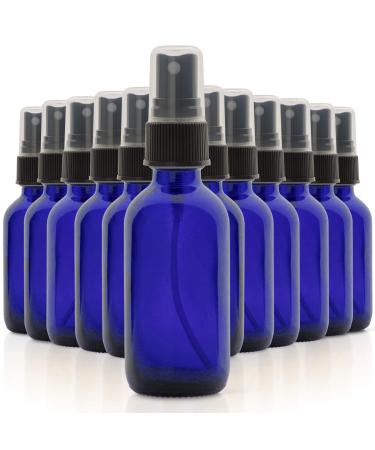 2oz Glass Spray Bottles for Essential Oils, Small Empty Spray Bottle, Fine Mist Spray - Set of 12 Blue Bottles with Black Mister Tops 12 Pack Black Top/Blue Bottle