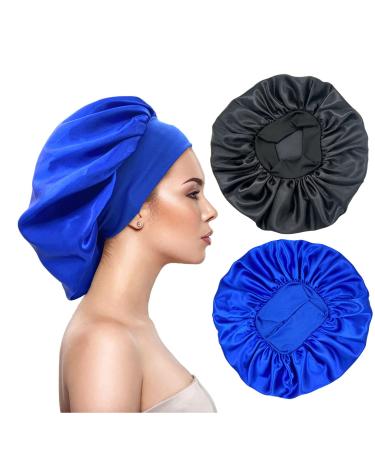 Eupinduo 2 pieces satin sleeping cap bonnet hair hood curly hood for sleeping hair hood for the night enlarged high elastic width creme soft female satin hood sleep black blue