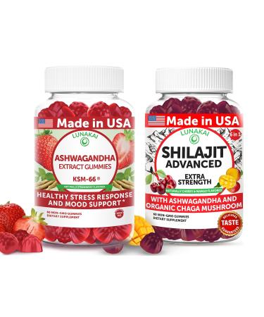 Lunakai USA Made Ashwagandha KSM-66 & Shilajit Advanced Gummies Bundle Mood Balance & Adaptogen Support 60 Non-GMO Gummies Each