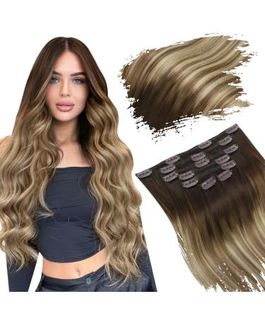 Ugeat balayage clip in extensions real hair 45cm 120g real hair 7 pieces ombre dark brown to light brown with middle blonde full of head extensions real hair clip remy smooth human hair 45cm clip #4/6/613