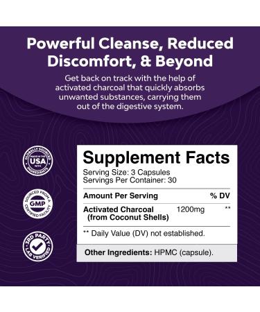 Activated Charcoal Capsules - 1200mg Coconut Charcoal for Bloating Relief & Body Detox - 90 Count - Buy Online on GoSupps.com