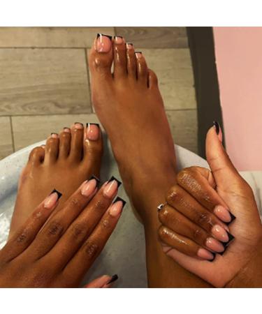 48Pcs Black French Tips Press on Nails and Toes Nails with Simple Design Glossy Nude Medium False Nails Gel Glue on Nails Manicure Art Acrylic Fake Nails Stick on Nails for Coquette Women Girls Design M