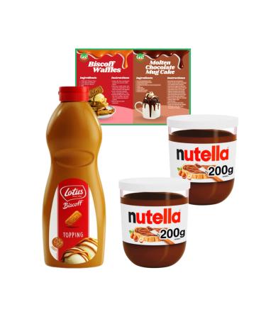Breakfast Dessert Bundle Includes Biscoff Topping Sauce (1kg) and 2x Nutella Hazelnut Chocolate Spread (200g each) with Go2 Groceries Recipe Cards Biscoff Topping Sauce & 2x Nutella