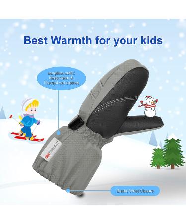BQA Kids Ski Mittens - Toddler Winter Snow Mittens with Thinsulate Insulation - Waterproof Mittens with String for Boys Girls (Gray, 2-4Y) - Buy Online on GoSupps.com