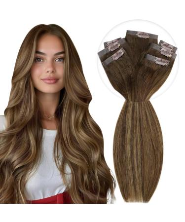 Vivien 55cm clip in real hair extensions 140g clip in extensions real hair light blond ombre dark brown with caramel blonde real hair clip in extensions 7PCs #4/27/4 22 inch-140g-clip-PU 1-1 CP #4/27/4