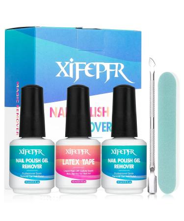 XIFEPFR Gel Nail Polish Remover Kit - 2 Pack Gel Polish Remover with Liquid Latex Peel Off Tape Manicure Tools Professional Remove Soak-Off Gel Polish In 2-5 Minutes No Soaking or Wrapping