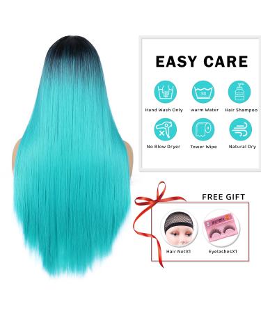 WIGER Ombre Teal Blue Wig - Long Straight Bluish Green Synthetic Wig for Cosplay & Parties - Buy Online on GoSupps.com