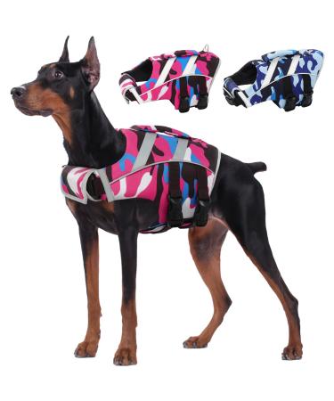 Kuoser life jacket dog - camouflage tear -resistant dogs life jacket high visibility dog chimney for small agents Large dogs with excellent buoyancy and rescue handle XL pink camouflage