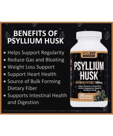 YouFit Psyllium Husk Capsules - 1450mg Soluble Fiber Supplement for Intestinal Health - 240 Capsules - Buy Online on GoSupps.com