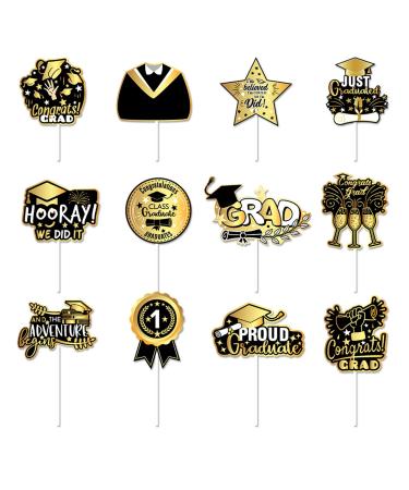 24 pcs Graduation Cake Topper Gold and Black Glitter Class Cupcake Toppers Graduation Cupcake Toppers 2024 Grad Cap Cupcake Picks Graduation Theme Party Decorations SuppliesGraduation Cake Topper